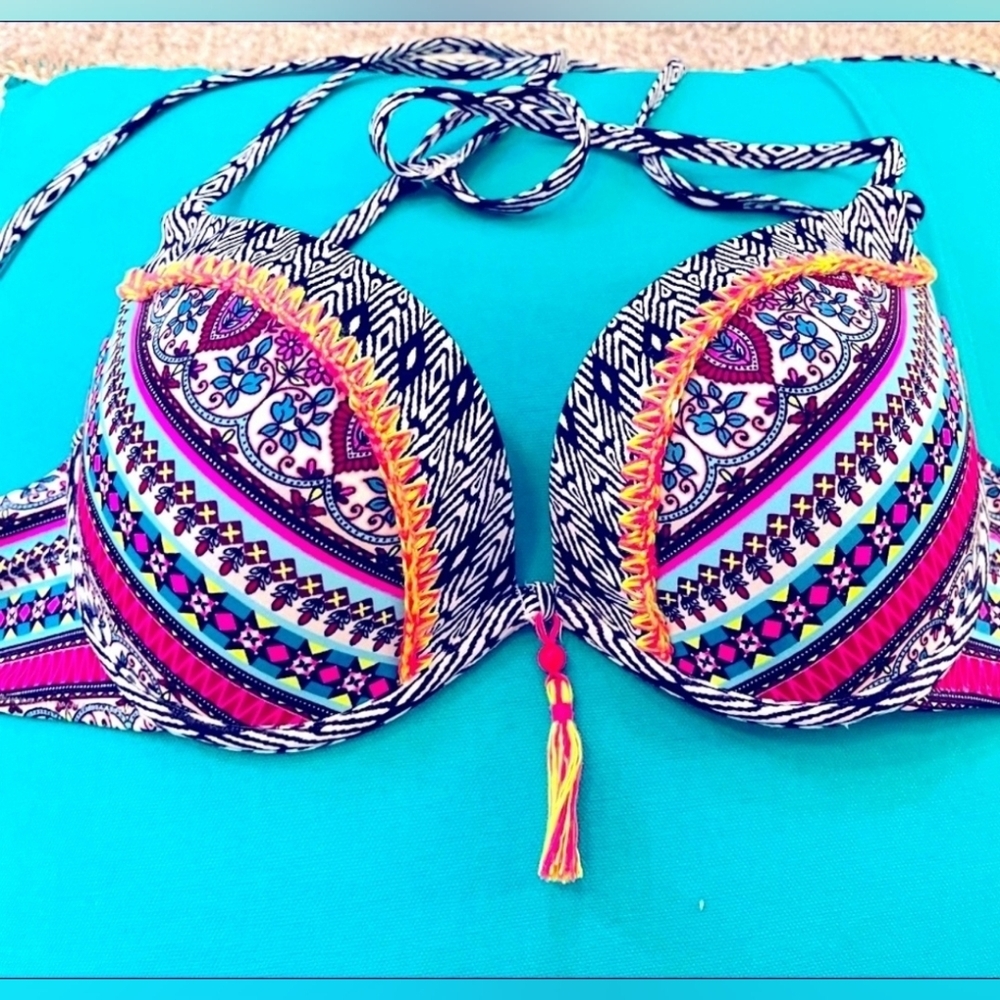 Shade & Shore Push-Up Bikini Top 36D Boho Tribal Pink Multicolor Tassel Tie Swim